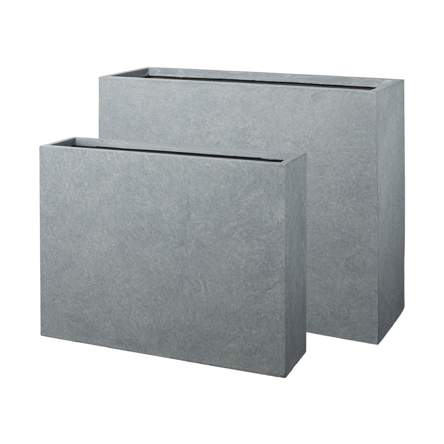 Fagyálló műgyantából készült, modern kortárs stílusú, beton hatású, szürke színű kültéri ültetőláda szett.