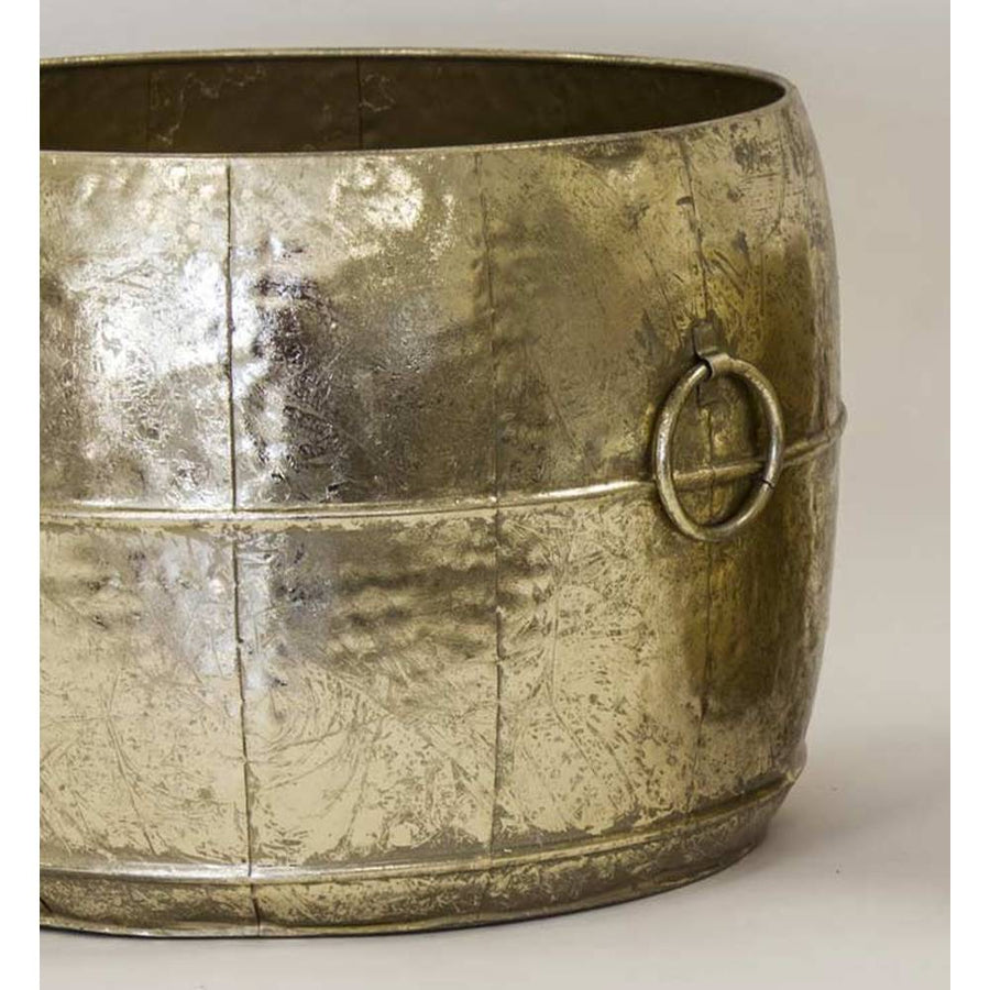 Kortárs, modern stílusú, antik arany színű, 28 és 31 cm átmérőjű, fém kaspó szett.