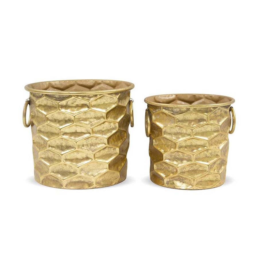 Modern stílusú, antik arany színű, 24,5 és 30 cm átmérőjű, dombormintás felületű, fém kaspó szett.