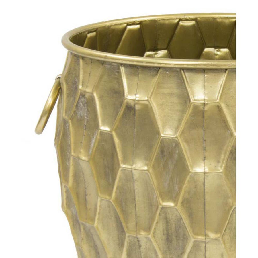 Modern stílusú, antik arany színű, nagyméretű, 29 és 36 cm átmérőjű, dombormintás felületű, fém kaspó szett .