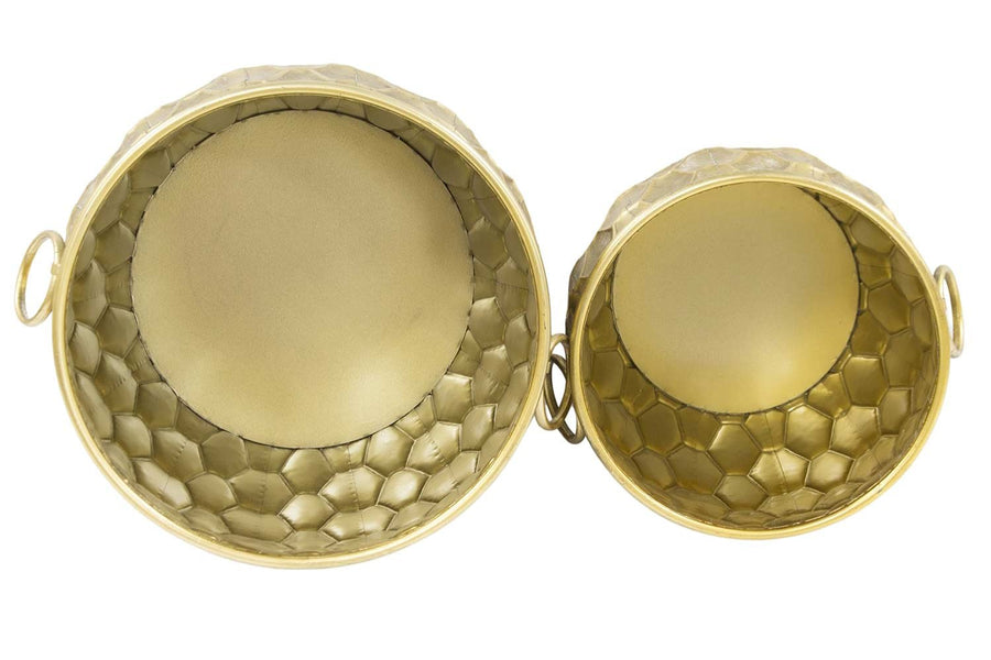 Modern stílusú, antik arany színű, nagyméretű, 29 és 36 cm átmérőjű, dombormintás felületű, fém kaspó szett .