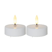 2 darabos, fehér színű műanyag testtel rendelkező, időzítővel ellátott 5,8 cm átmérőjű LED teamécses meleg fehér fényű, realisztikus LED lánggal.