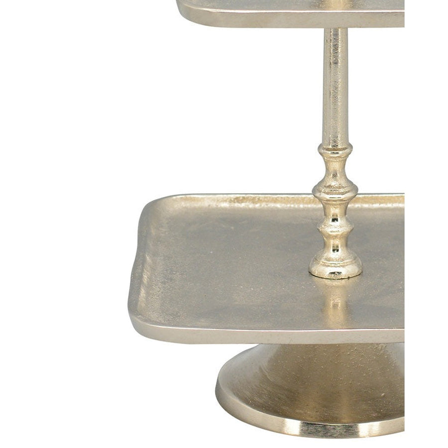 Szögletes formájú, ezüst színű, 2 emeletes fém kínáló állvány