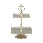 Szögletes formájú, ezüst színű, 2 emeletes fém kínáló állvány