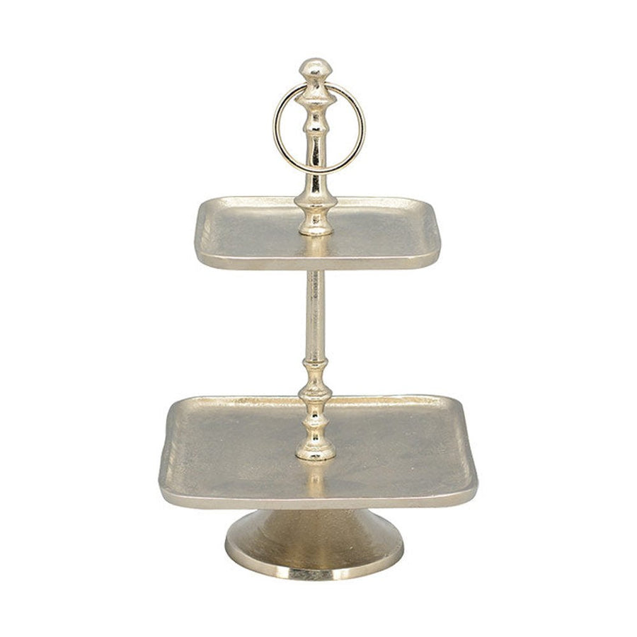 Szögletes formájú, ezüst színű, 2 emeletes fém kínáló állvány