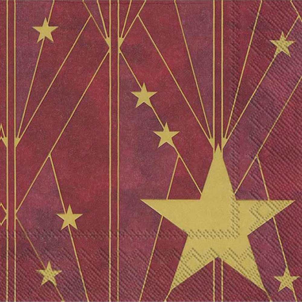 Art Deco stílusú, arany színű csillaggal díszített, extra minőségű, természetes úton fehérített, három rétegű, bordó színű karácsonyi papírszalvéta