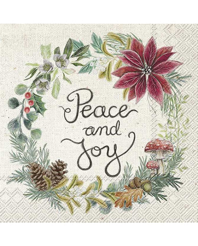 Vintage stílusú, karácsonyi koszúrval valamitn Peace and Joy felirattal díszített minőségi papírszalvéta.