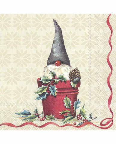 Skandináv stílusú, Tomte manóval díszített, természetes úton fehérített, három rétegű, puha karácsonyi papírszalvéta.