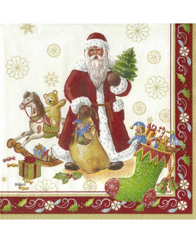 Vintage stílusú, klasszikus Mikulás figurával és ajándékokkal díszített, természetes úton fehérített, három rétegű, puha karácsonyi papírszalvéta, 20 darabos kiszerelésbe csomagolva.