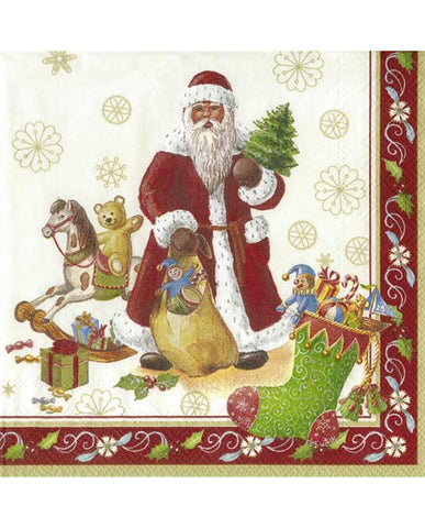 Vintage stílusú, klasszikus Mikulás figurával és ajándékokkal díszített, természetes úton fehérített, három rétegű, puha karácsonyi papírszalvéta, 20 darabos kiszerelésbe csomagolva.