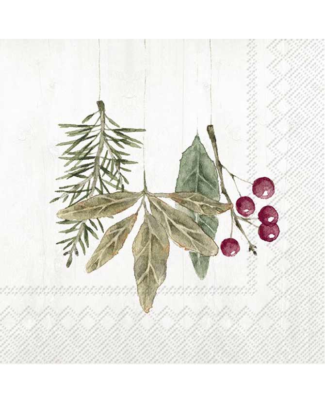 Vintage stílusú, akvarellszerű erdei téli növényekkel díszített, természetes úton fehérített, három rétegű, puha karácsonyi papírszalvéta.