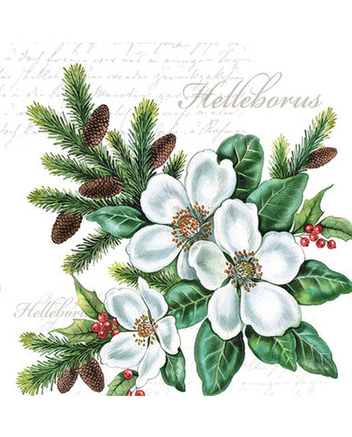 20 db-os karácsonyi papírszalvéta fehér virággal fenyőággal és tobozzal