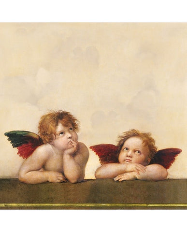 A híres olasz reneszánsz festőmester, Raffaello Santi, Sixtusi Madonnáján szereplő angyalokkal díszített ünnepi karácsonyi papírszalvéta..