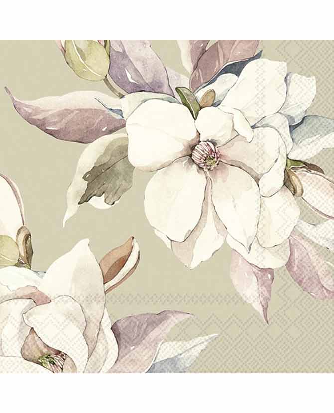 Magnólia virággal és levelekkel díszített, természetes úton fehérített három rétegű puha papírszalvéta, 20 darabos kiszerelésbe csomagolva az "Eloise" kollekcióból