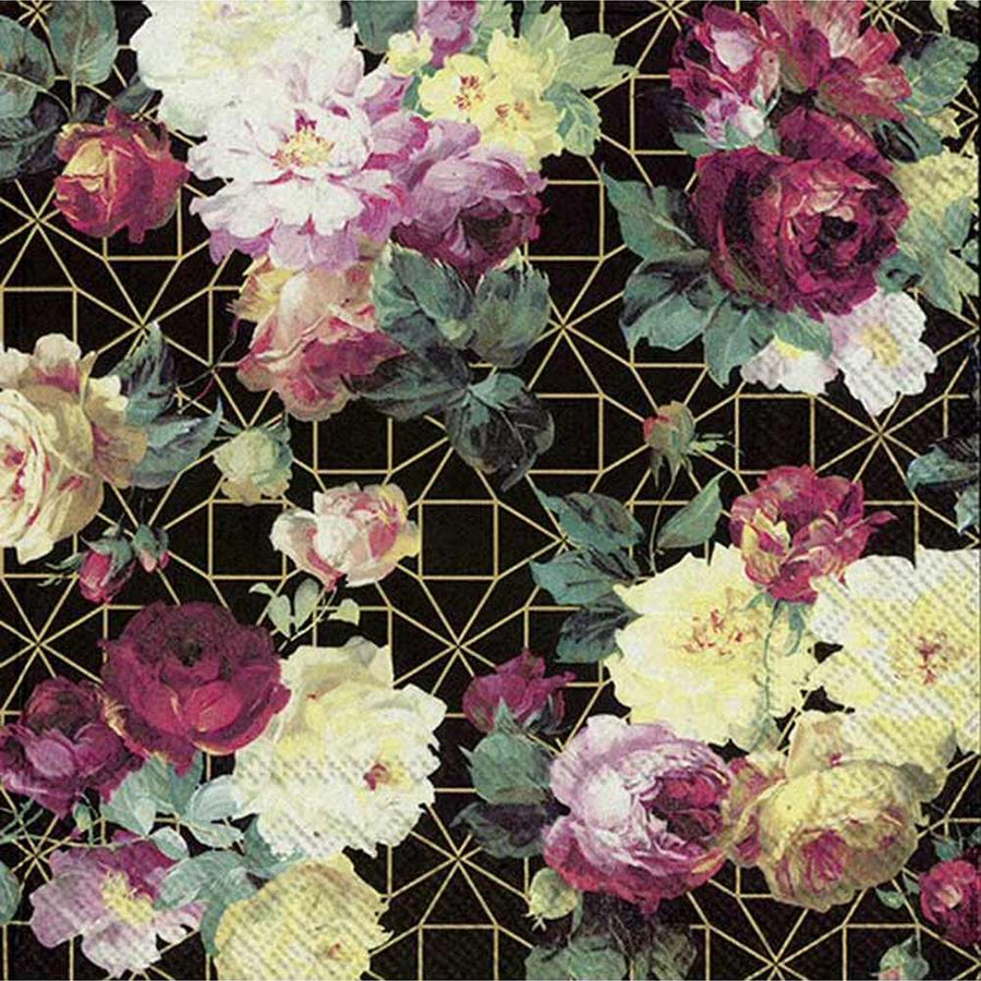 Extra minőségű, glamour stílusú, vintage rózsákkal díszített, természetes úton fehérített három rétegű puha papírszalvéta, 20 darabos kiszerelésbe csomagolva