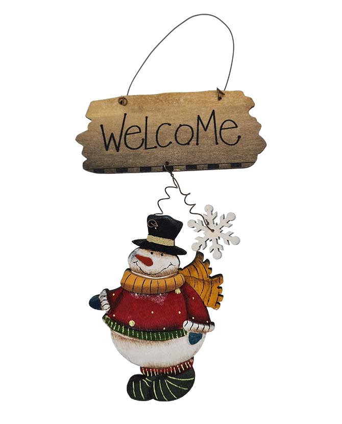 Vidéki, Country stílusú, 22,5 cm hosszú, fából készült, kézzel festett, 3 darabos rusztikus hóember figura szett "Welcome" táblával