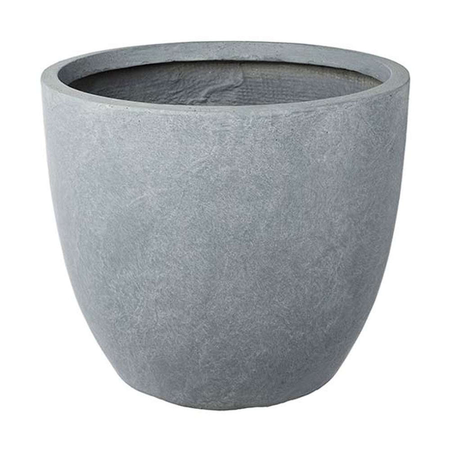 Prémium minőségű, nagyméretű, 25, 35 és 44 cm átmérőjű, fagyálló műgyantából készült, modern kortárs stílusú, beton hatású, szürke színű kültéri kaspószett