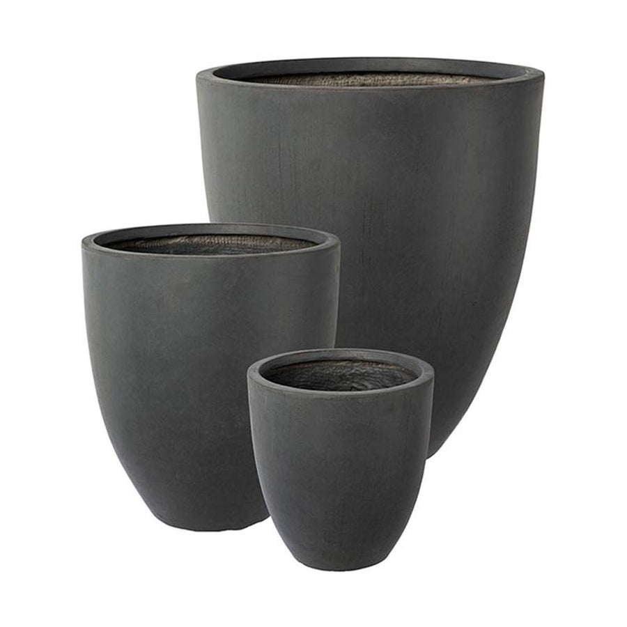 Prémium minőségű, nagyméretű, 34, 42 és 50 cm átmérőjű, fagyálló műgyantából készült, modern kortárs stílusú, beton hatású, antracit fekete színű kültéri kaspószett