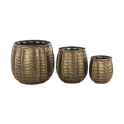 Kortárs, modern stílusú, dombormintás felületű, antik arany színű, nagyméretű három darabos fém kaspószett 