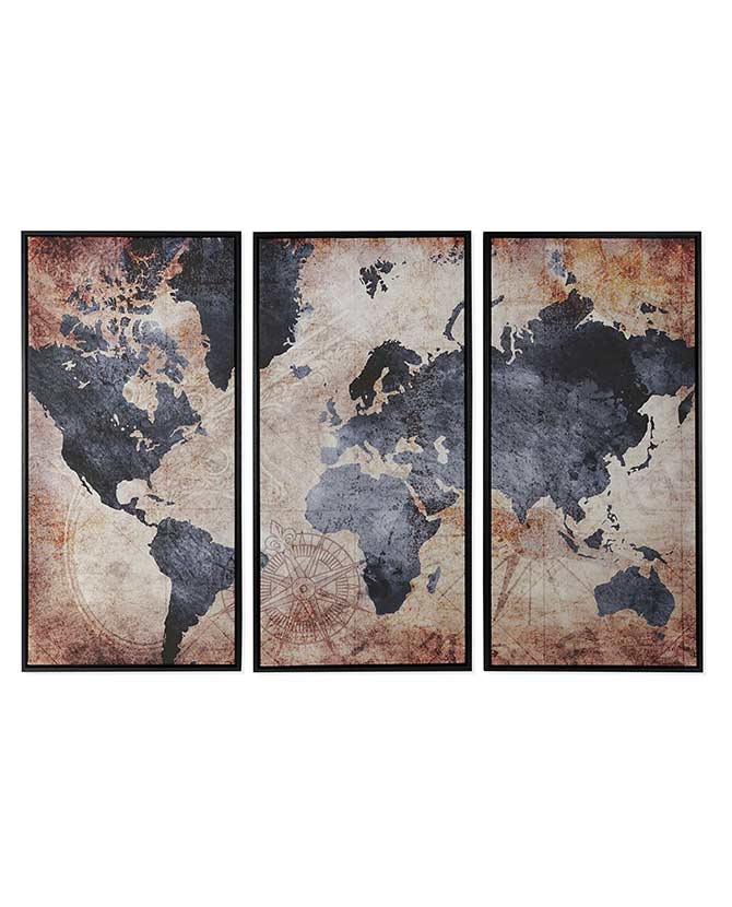 Ethnic, törzsi stílusú, 3 db keretezett vászonprintből álló világtérkép