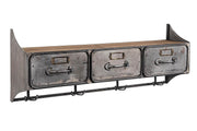 Fémből és fából készült, 83 cm hosszú és 30 cm magas, 3 fiókos, antikolt szürke színű, fogassal ellátott, ipari stílusú szortírozó falipolc.
