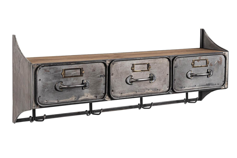 Fémből és fából készült, 83 cm hosszú és 30 cm magas, 3 fiókos, antikolt szürke színű, fogassal ellátott, ipari stílusú szortírozó falipolc.
