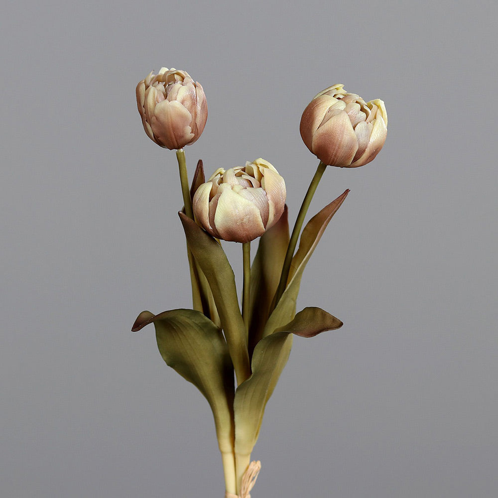 Fáradt barna színvilágú, vintage stílusú, 3 szálból álló tulipán csokor művirág.