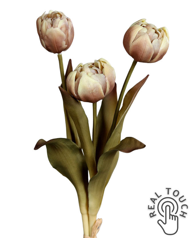 Fáradt barna színvilágú, vintage stílusú, 3 szálból álló tulipán csokor művirág.