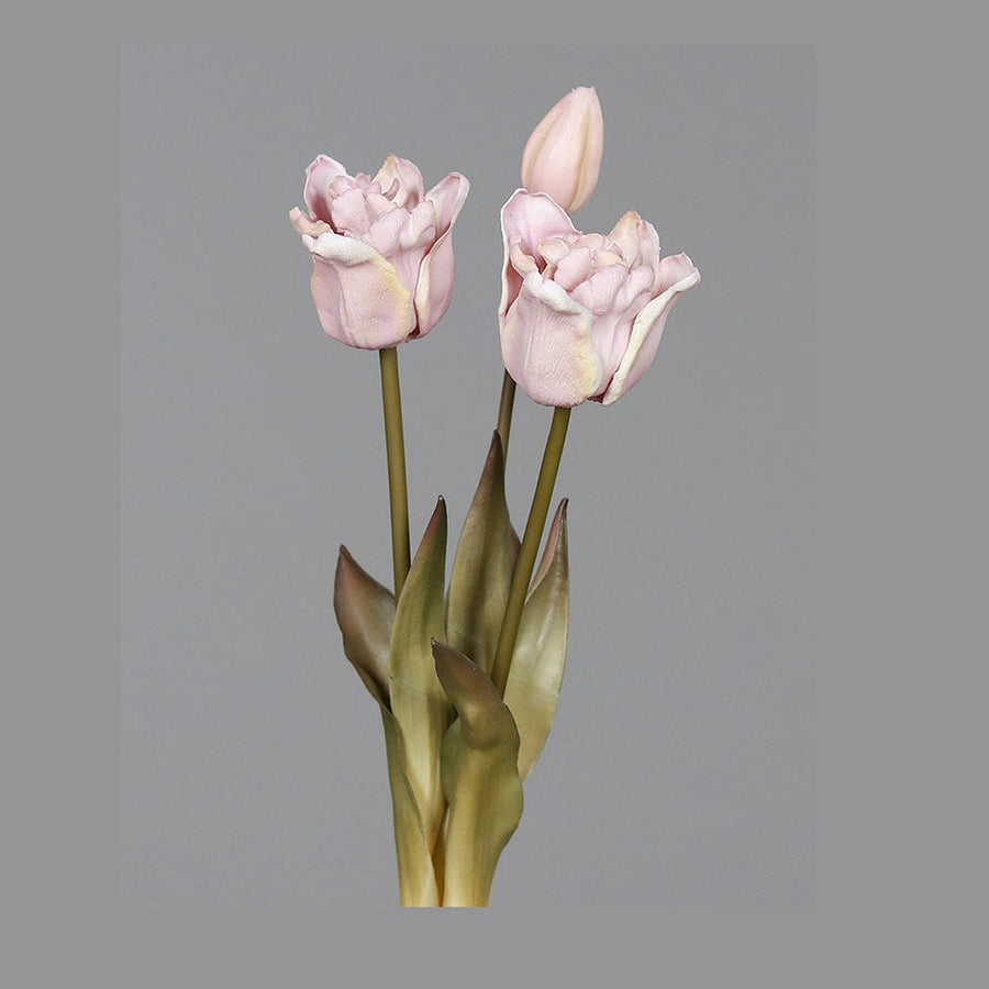Fáradt rózsaszín színvilágú, vintage stílusú, 3 szálból álló tulipán csokor művirág, nyílt és bimbos virágfejekkel.