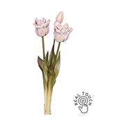 Fáradt rózsaszín színvilágú, vintage stílusú, 3 szálból álló tulipán csokor művirág, nyílt és bimbos virágfejekkel.