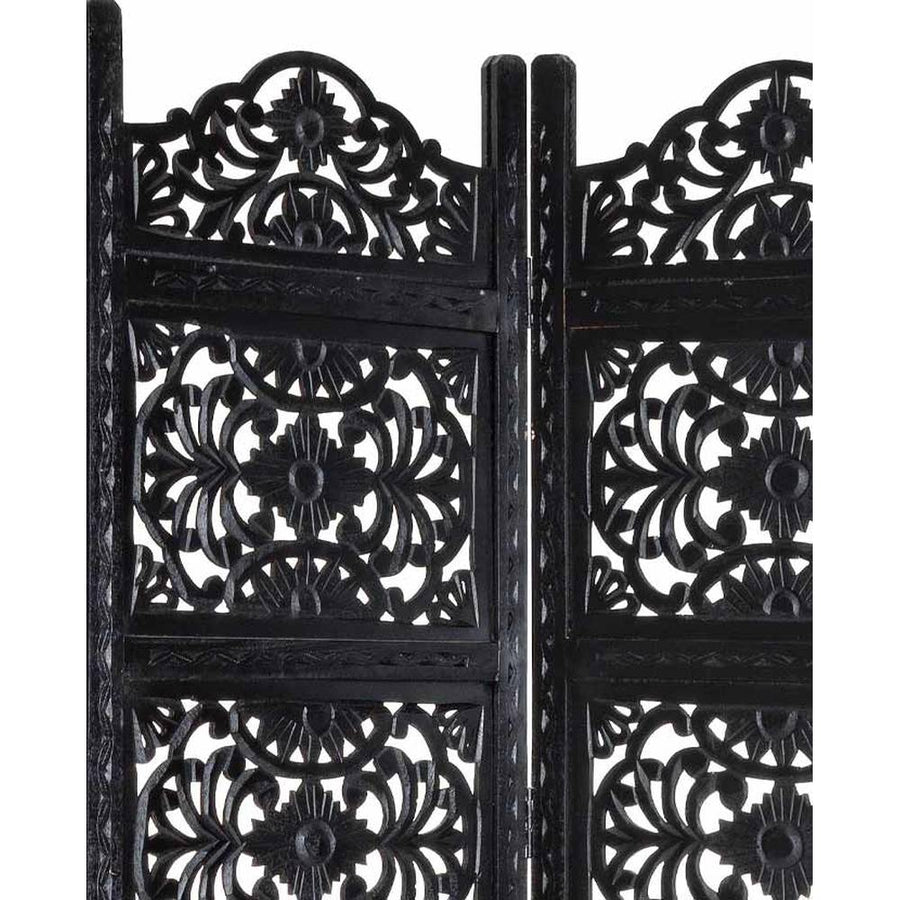 Antik fekete színű, kézműves faragású, mangófából készült, 3 szárnyas térelválasztó paraván.