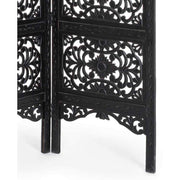 Antik fekete színű, kézműves faragású, mangófából készült, 3 szárnyas térelválasztó paraván.