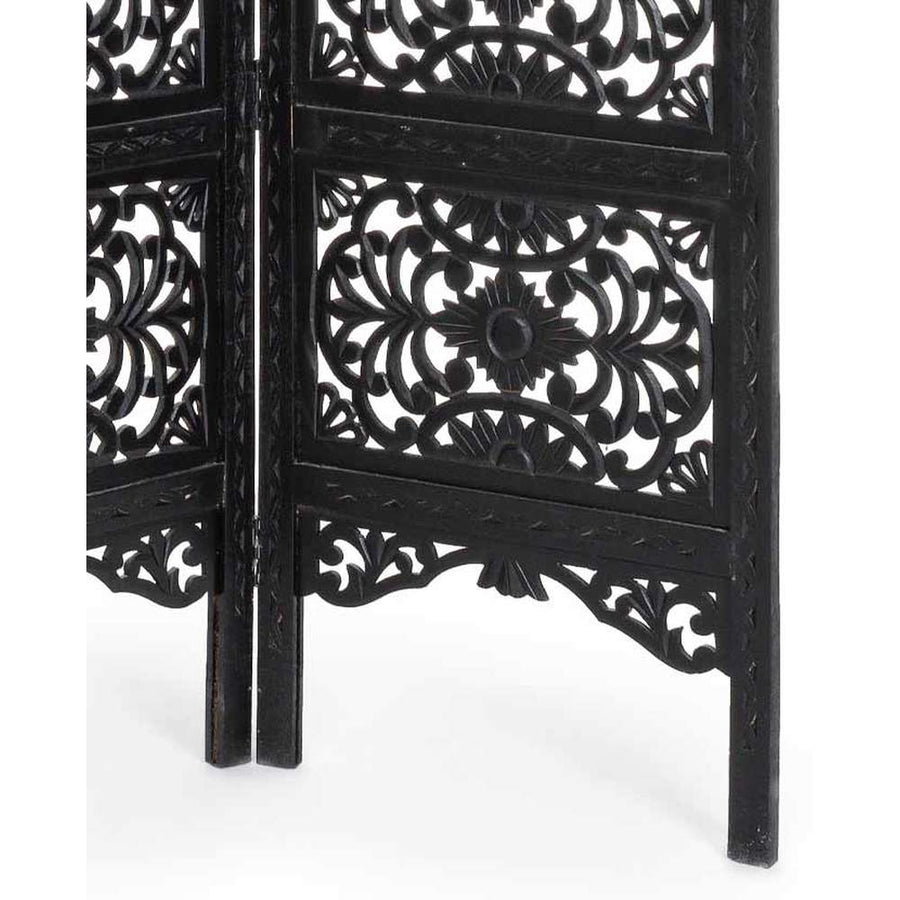 Antik fekete színű, kézműves faragású, mangófából készült, 3 szárnyas térelválasztó paraván.