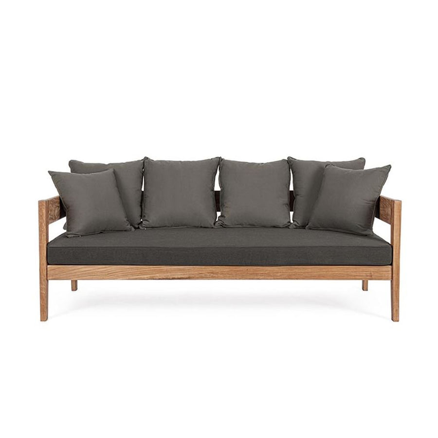 Prémium kategóriás, kortárs keleti stílusú,190 cm hosszú és 90 cm széles 3 személyes teakfa kanapé sötétszürke UV álló párnákkal