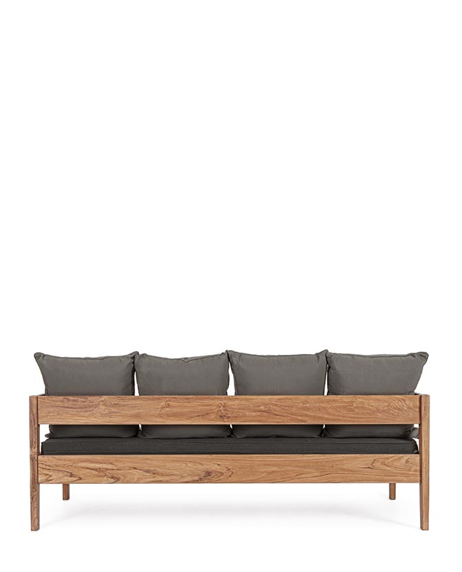 Prémium kategóriás, kortárs keleti stílusú,190 cm hosszú és 90 cm széles 3 személyes teakfa kanapé sötétszürke UV álló párnákkal