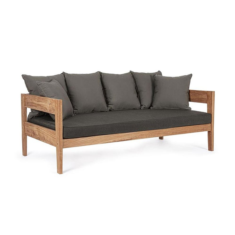 Prémium kategóriás, kortárs keleti stílusú,190 cm hosszú és 90 cm széles 3 személyes teakfa kanapé sötétszürke UV álló párnákkal