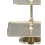 Szögletes formájú, ezüst színű, 3 emeletes fém kínáló állvány