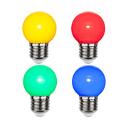 Négy darabos kültéri dekorációs LED izzócsomag, sárga, piros, zöld és kék izzóval.