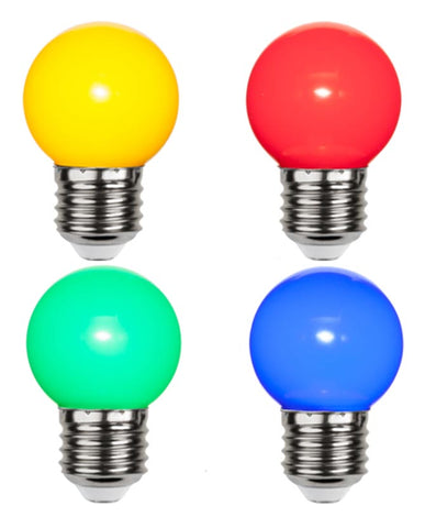 Négy darabos kültéri dekorációs LED izzócsomag, sárga, piros, zöld és kék izzóval.