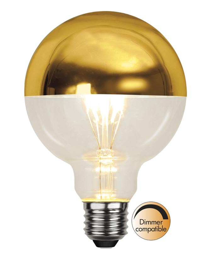 Coated Shining meleg fehér fényű LED dekorációs izzó áttetsző üveggel, arany bevonattal. 