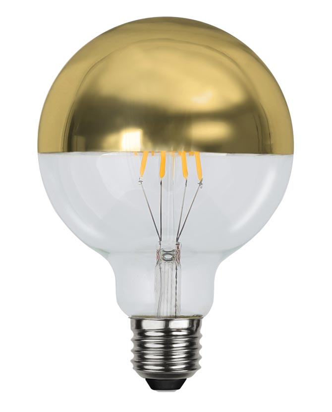 Coated Shining meleg fehér fényű LED dekorációs izzó áttetsző üveggel, arany bevonattal.