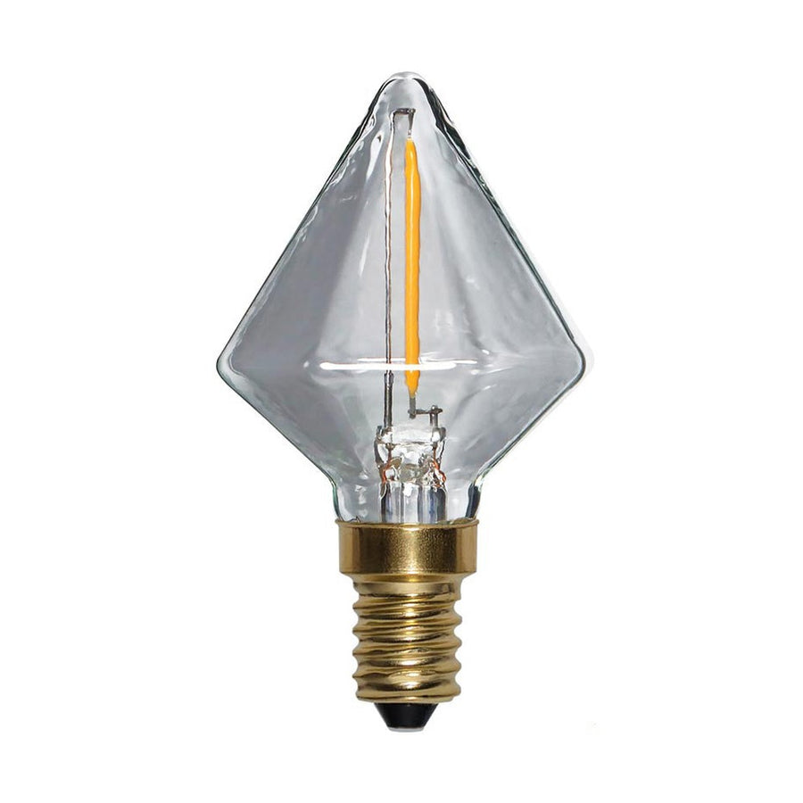 Clear Filament gyémánt alakú dekorációs izzó. Meleg fehér fényű LED dekorációs izzó áttetsző üveggel.