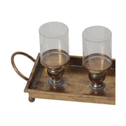 Vintage stílusú, 58 cm hosszú, aranyszínű, antikolt felületű, 4 ágú fém gyertyatartó tálca.