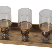 Vintage stílusú, 58 cm hosszú, aranyszínű, antikolt felületű, 4 ágú fém gyertyatartó tálca.