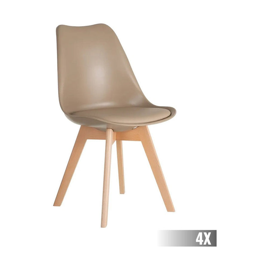 Skandináv stílusú, kagylóhéj formájú, bézs színű műanyag étkezőszék bükkfa lábakkal.