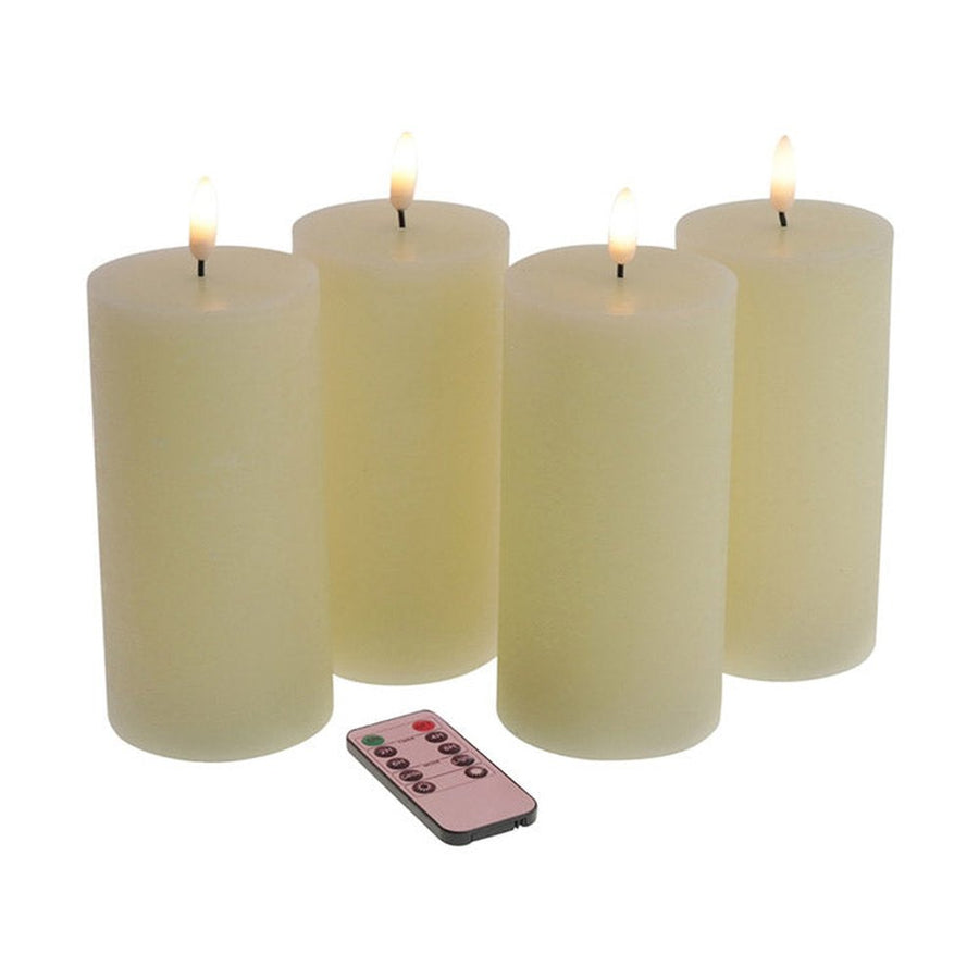 4 darabos, krémszínű, valódi viaszból kialakított, időzítővel rendelkező, távirányítós LED oszlopgyertya