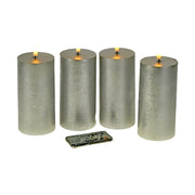 4 darabos, élethű megjelenésű, ezüstszínű, valódi viaszból kialakított, időzítővel rendelkező, távirányítós, dimmelhető, 15 cm magas LED oszlopgyertya.