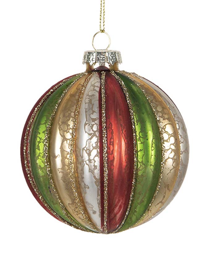 Retro- vintage stílusú,, gömb formájú, bordó, zöld és aranyszínű, üveg karácsonyfadísz.