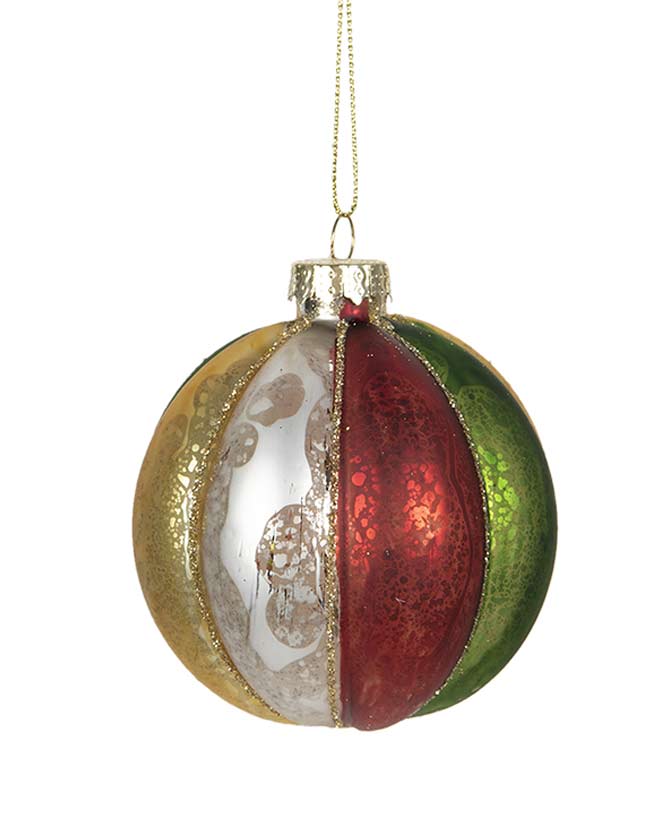 Gömb formájú, bordó, zöld és aranyszínű, bordázott felületű, üveg karácsonyfadísz szett.