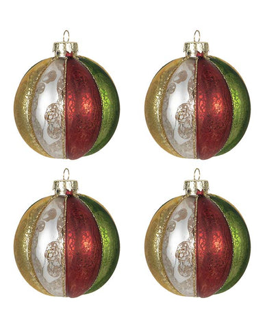 Gömb formájú, bordó, zöld és aranyszínű, bordázott felületű, üveg karácsonyfadísz szett.